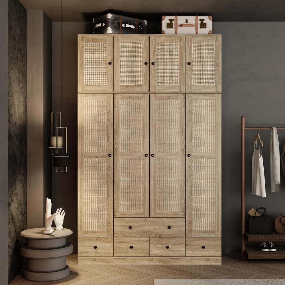 Brown Wood Grain 59 in. W Rattan Doors Wardrobe with 5-Drawers, 2-Hanging Rods, Top Cabinet (94.5 in. H x 18.8 in. D) - thumbnail 10