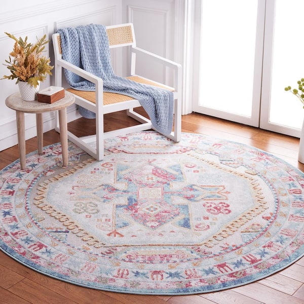 Cabana Rust/Blue/Ivory 7 ft. x 7 ft. Ornate Aztec Indoor/Outdoor Round Area Rug