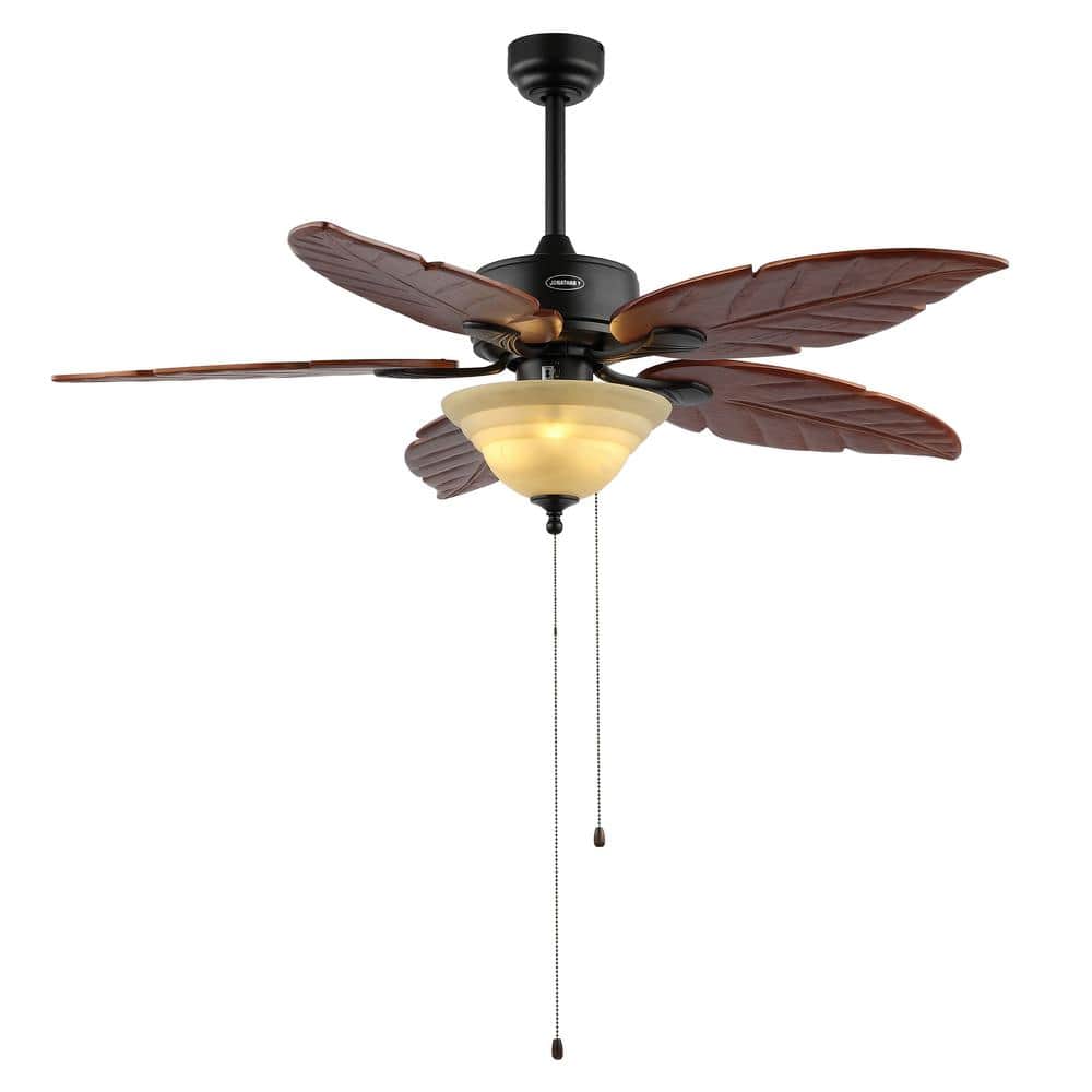 52" 3-Light Poinciana Coastal Iron/Wood Palm Leaf LED Ceiling Fan with Pull Chain Dark Brown - JONATHAN Y