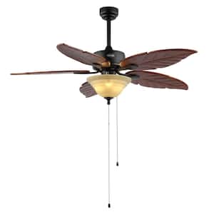 Poinciana 52 in. 3-Light Coastal Bohemian Indoor, Dark Brown Iron/Wood Palm Leaf LED Ceiling Fan with Pull Chain