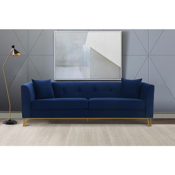 Armen Living Everest 90" W Blue/Gold Fabric Upholstered 3 Seater Sofa