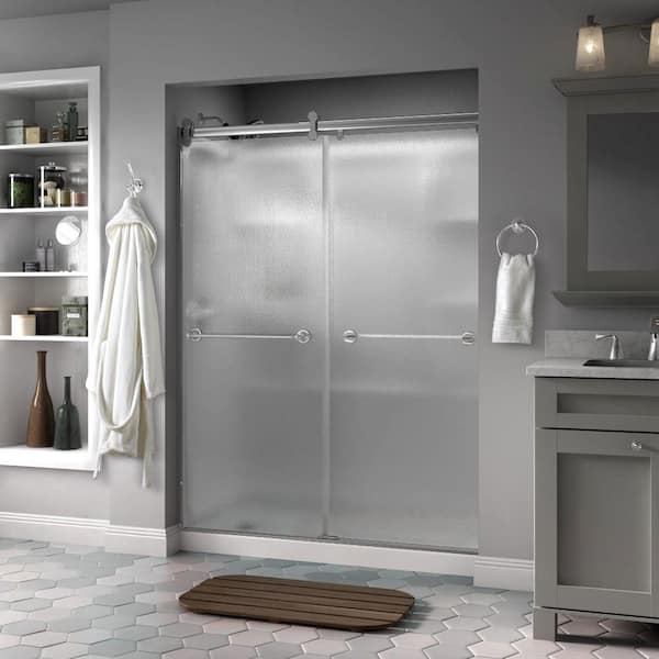 Delta Silverton 60 x 71 in. Frameless Contemporary Sliding Shower Door in Chrome with Rain Glass