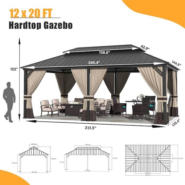 12 ft. x 20 ft. Gray Hardtop Gazebo with Curtain Sand