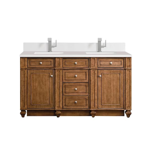 James Martin Vanities Bristol 60.0 in. W x 23.5 in. D x 34.0 in. H Bathroom Vanity in Saddle Brown with White Zeus Silestone Quartz Top