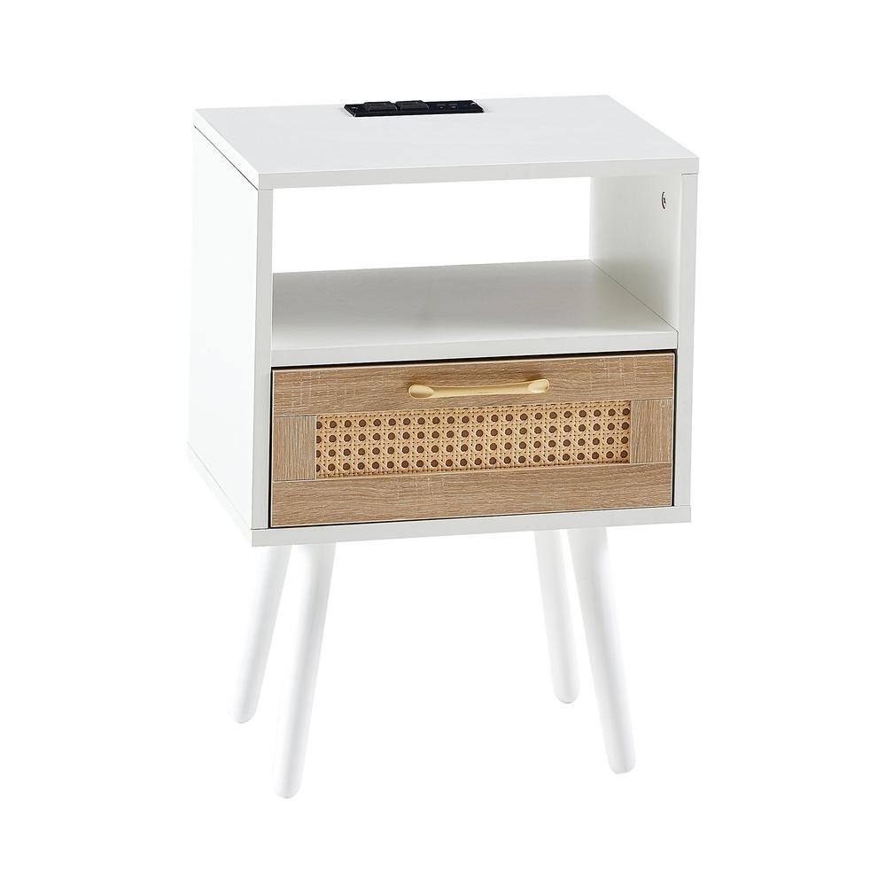 Brackett Plug-In Wood End Table with Storage Shelf 2 Drawers Nightstand Side Table Cabinet Bedside Furniture Wade Logan Color: White