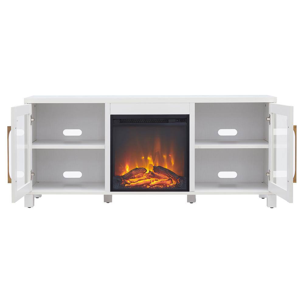 Elegant White 58" TV Stand with Integrated Fireplace and Storage Cabinets