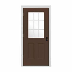 34 in. x 80 in. 9 Lite Dark Chocolate Painted Steel Prehung Right-Hand Outswing Back Door w/Brickmould