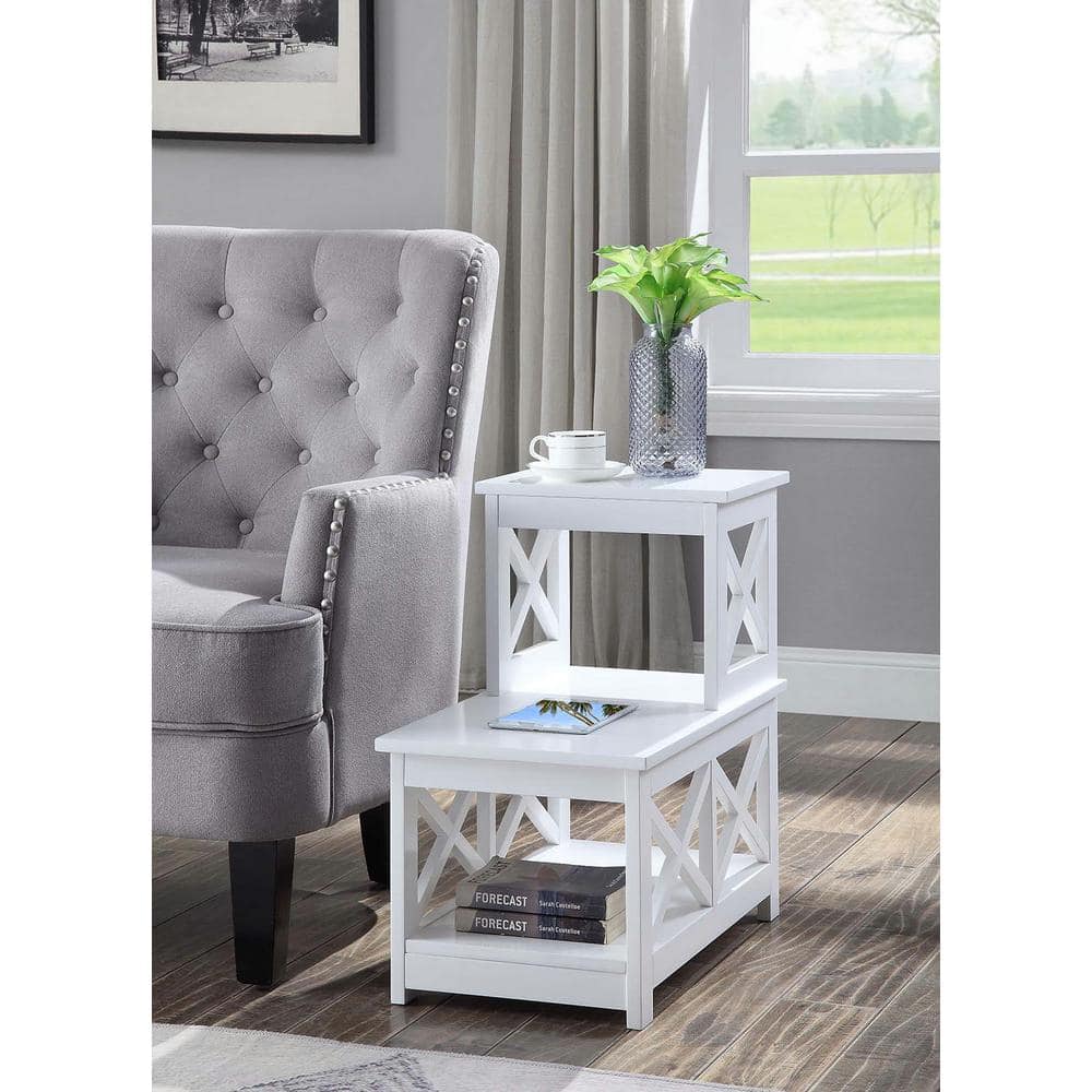 White MDF 2 Step Chairside End Table with X Side Frames