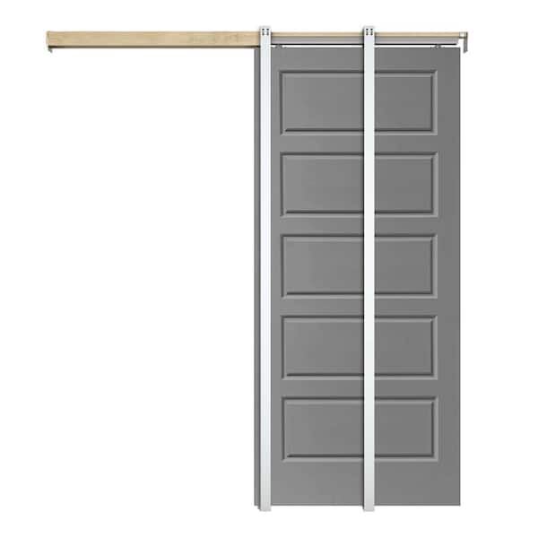 CALHOME Light Gray 30 in. x 80 in. Painted Composite MDF 5PANEL Interior Sliding Door with Pocket Door Frame and Hardware Kit