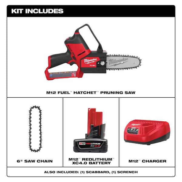 M12 FUEL 6 in. 12V Lithium-Ion Brushless Battery HATCHET Pruning Saw Kit w/4.0 Ah Battery, Charger &  Extra Chain