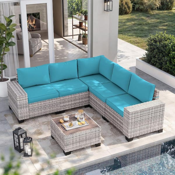 6-Piece Wicker Outdoor Sectional Set Sofa Couch with Turquoise Cushions