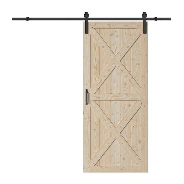 ARK DESIGN 36 in. x 84 in. Solid Core Unfinished Pine Wood Double X Design Barn Door Slab with Hardware Kit
