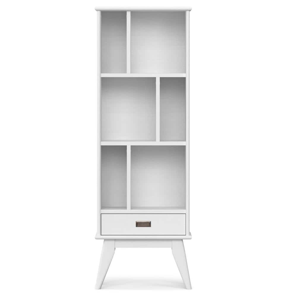 White Solid Hardwood Mid-Century Modern Bookcase with Storage Drawer