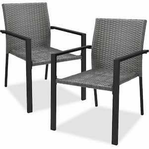Set of 2 Stackable Gray Wicker Chairs with Armrests, Steel Conversation Accent Furniture for Patio