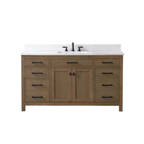 Jasper 60 in. W x 22 in. D Bath Vanity in Textured Natural with Engineered Stone Top in Carrara White with White Sink