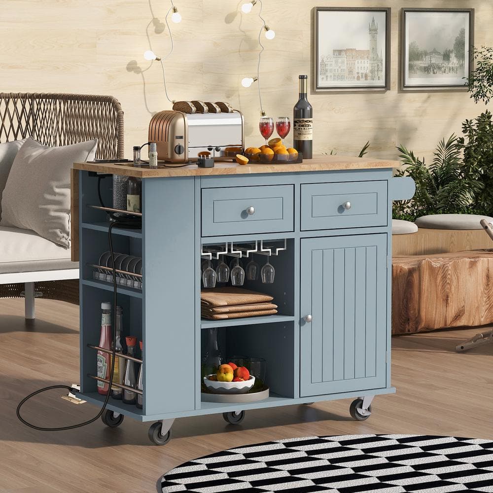 Harper & Bright Designs Gray Blue Kitchen Cart with Power Outlet, Drop-Leaf Tabletop, Open Side Storage, Wine Glass Holder and 5-Wheels