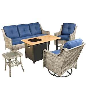 Alps Gray 5-Piece Wicker Patio Rectangular Fire Pit Set with Navy Blue Cushions and Swivel Rocking Chairs
