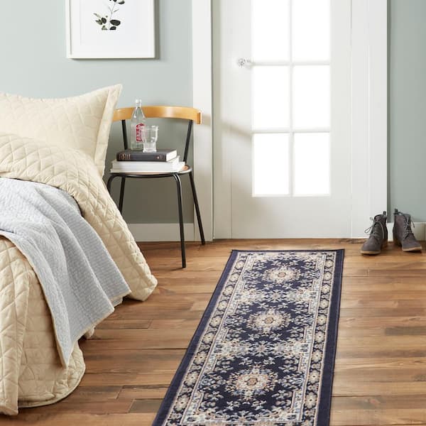 Premium Sakarya Navy Blue/Brown 2 ft. x 7 ft. Medallion Runner Rug
