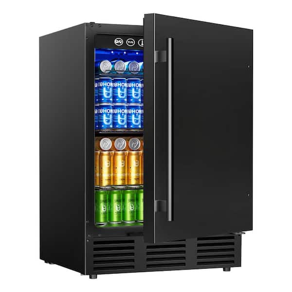 24 in. Single Zone 180-Cans Freestanding/ Built-in Beverage and Wine Cooler Fridge in Black with LED