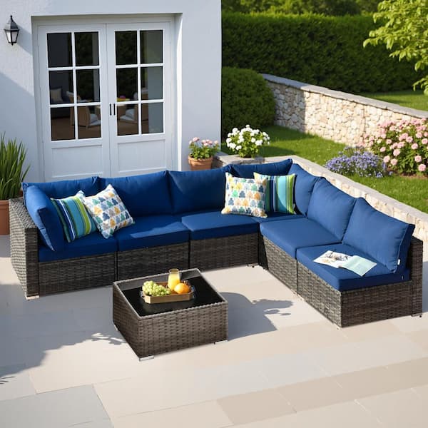 HOOOWOOO Messi Gray 7-Piece Wicker Outdoor Patio Conversation Sectional Sofa Set with Navy Blue Cushions