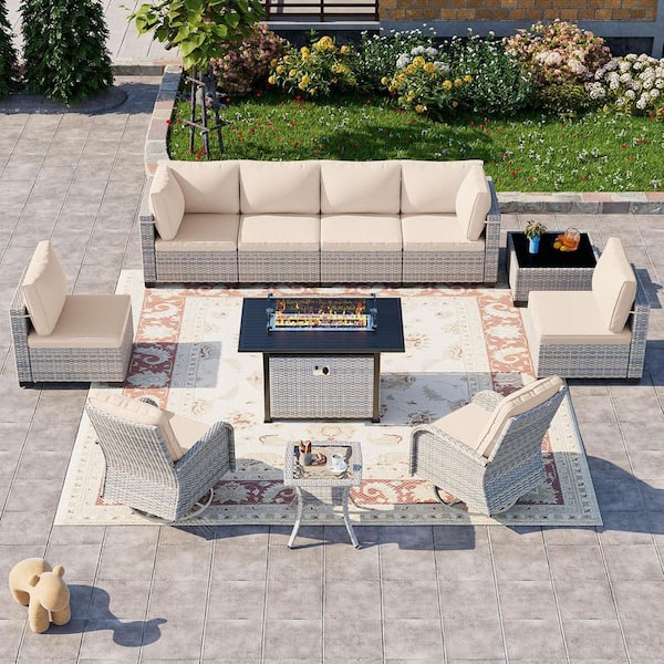 muphyers 11-Piece Wicker Patio Conversation Set with Fire Pit Table and Top Table. Swivel Rocking Chairs with Beige Cushions