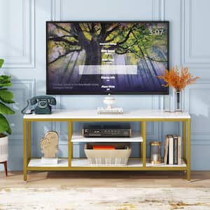 Tarik 59 in. Gold and White TV Stand Fits TV's up to 65 in. with 3 Tier Storage Shelves