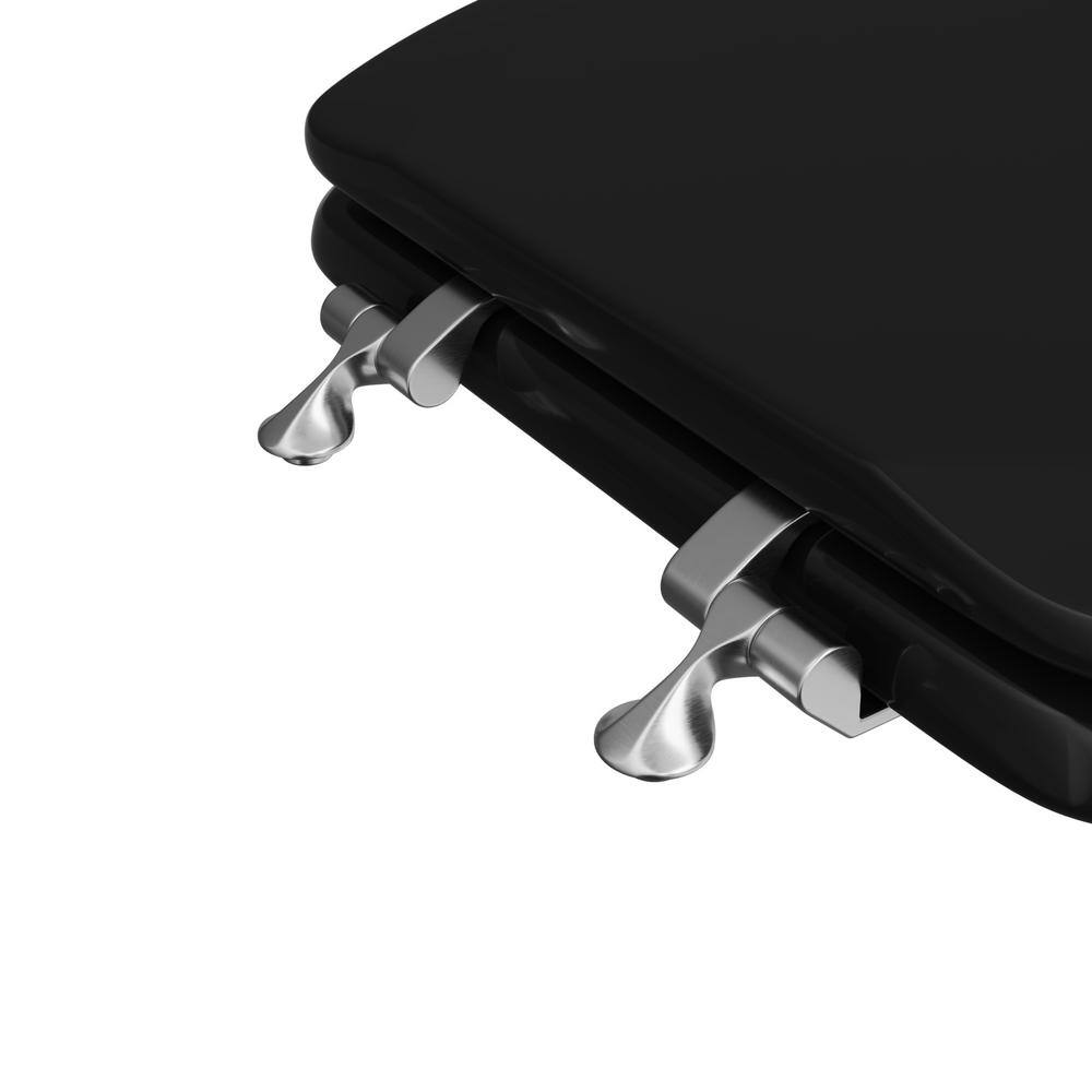 Black Molded Wood Elongated Toilet Seat with Chrome Hinges