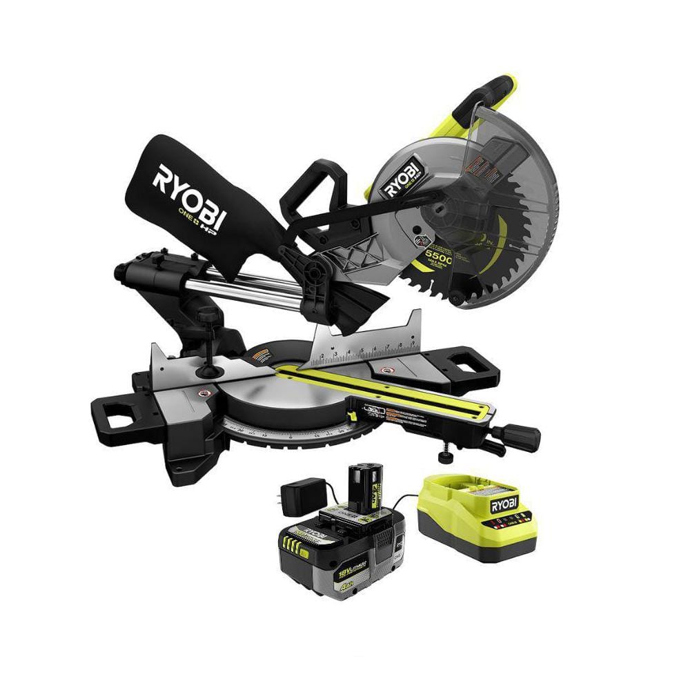 RYOBI ONE+ HP 18V Brushless Cordless 10 in. Sliding Compound Miter Saw Kit with 4.0 Ah HIGH PERFORMANCE Battery and Charger (PBLMS01K)