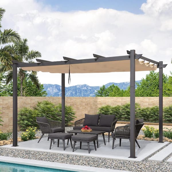 PURPLE LEAF 10 ft. x 13 ft. Gray Aluminum Frame Outdoor Patio Pergola Gazebo with Beige Retractable Sun Shade Canopy for Backyard