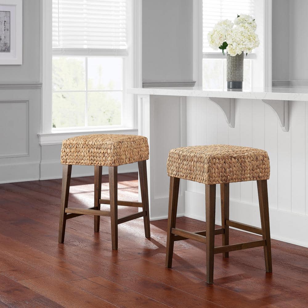 Home Decorators Collection Backless Natural Woven Hyacinth Counter Stool with Walnut Legs