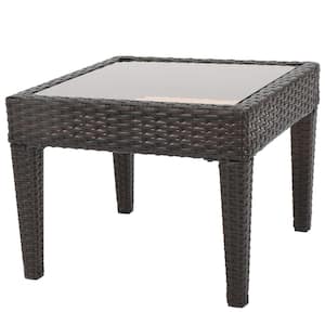 Wicker Outdoor Side Table with Tempered Glass Top for Patio Balcony, Backyard