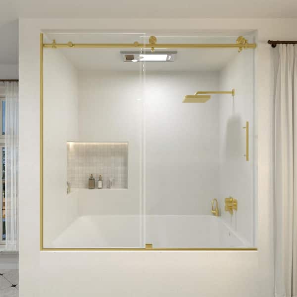 Hermitage Bath Brewo 60 in. W x 60 in. H Sliding Semi Frameless Tub Door in Gold Finish with Clear Glass