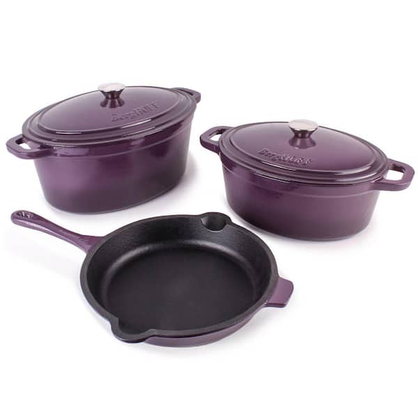 BergHOFF Neo 5-Piece Cast Iron Oval Dutch Oven Set with 10 in. Fry Pan, 5 qt. and 8 qt., Purple