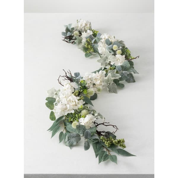 SULLIVANS 72 in. Artificial White Hydrangea & Foliage Garland