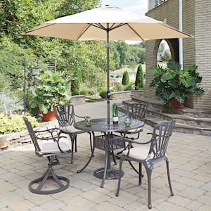Grenada Taupe Tan 42 in. 5-Piece Cast Aluminum Round Outdoor Dining Set with Umbrella with Natural Tan Cushions