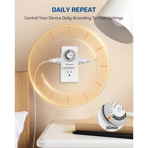24-Hour Indoor Mechanical Outlet Countdown Time with 2-Grounded Outlet, Daily On/Off Cycle, 2-Pack