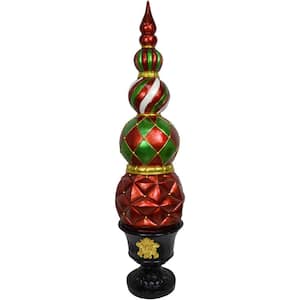 50 in. Artificial Christmas Resin Ball and Finial Topiary in Black Pedestal Urn