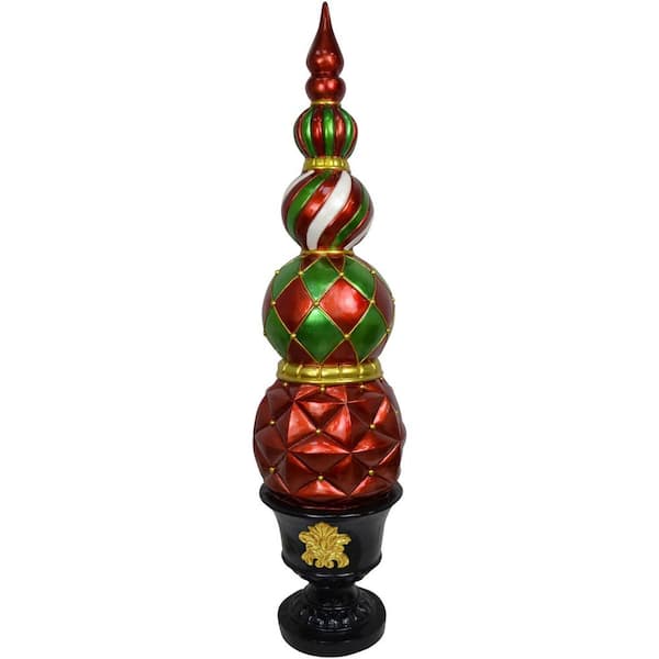 Fraser Hill Farm 50 in. Artificial Christmas Resin Ball and Finial Topiary in Black Pedestal Urn