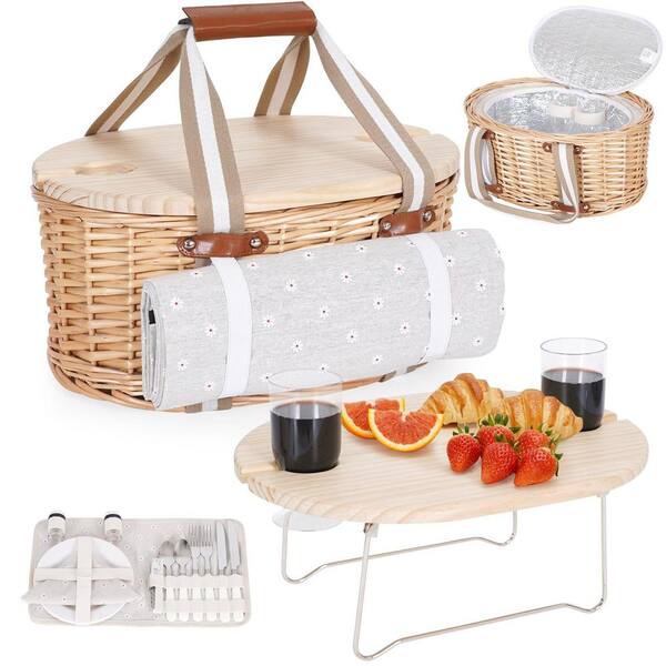 Wicker Insulated Picnic Basket with Waterproof Blanket, Picnic Baskets Kit for Camping