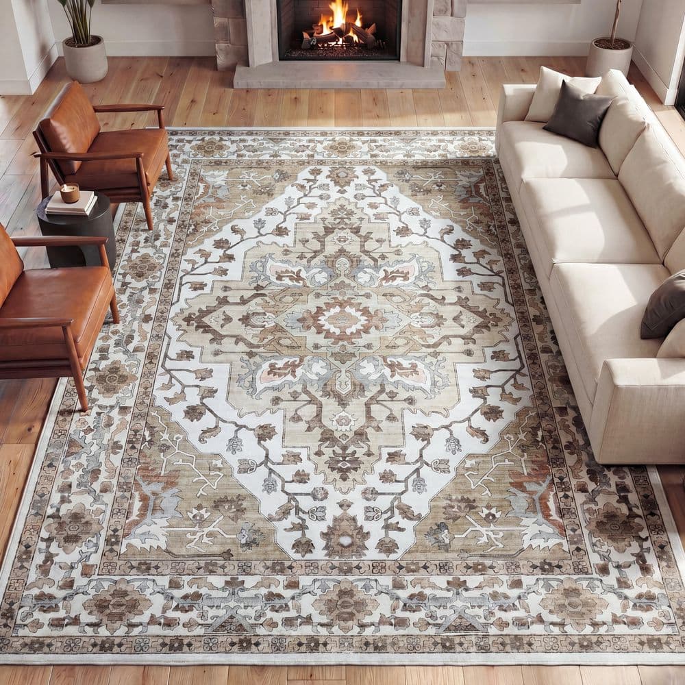 Superbia Boho Medallion Border Non-Slip Machine-Washable Beige/Cream 9 ft. x 12 ft. Area Rug price history on PriceWatchPro