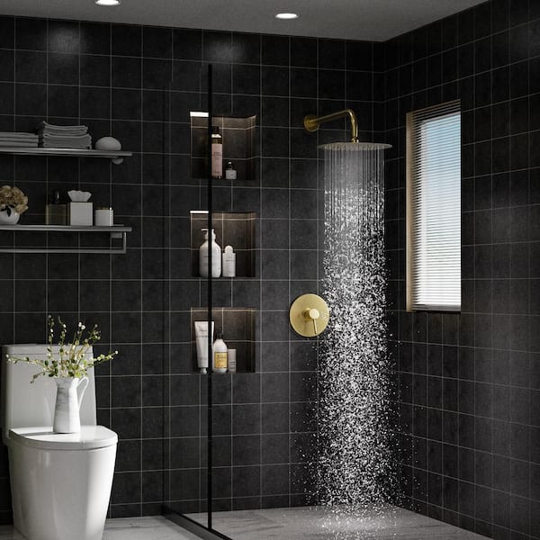 1-Spray Patterns with 1.5 GPM 10 in. Wall Mount Round Ceiling Fixed Shower Head in Brushed Gold
