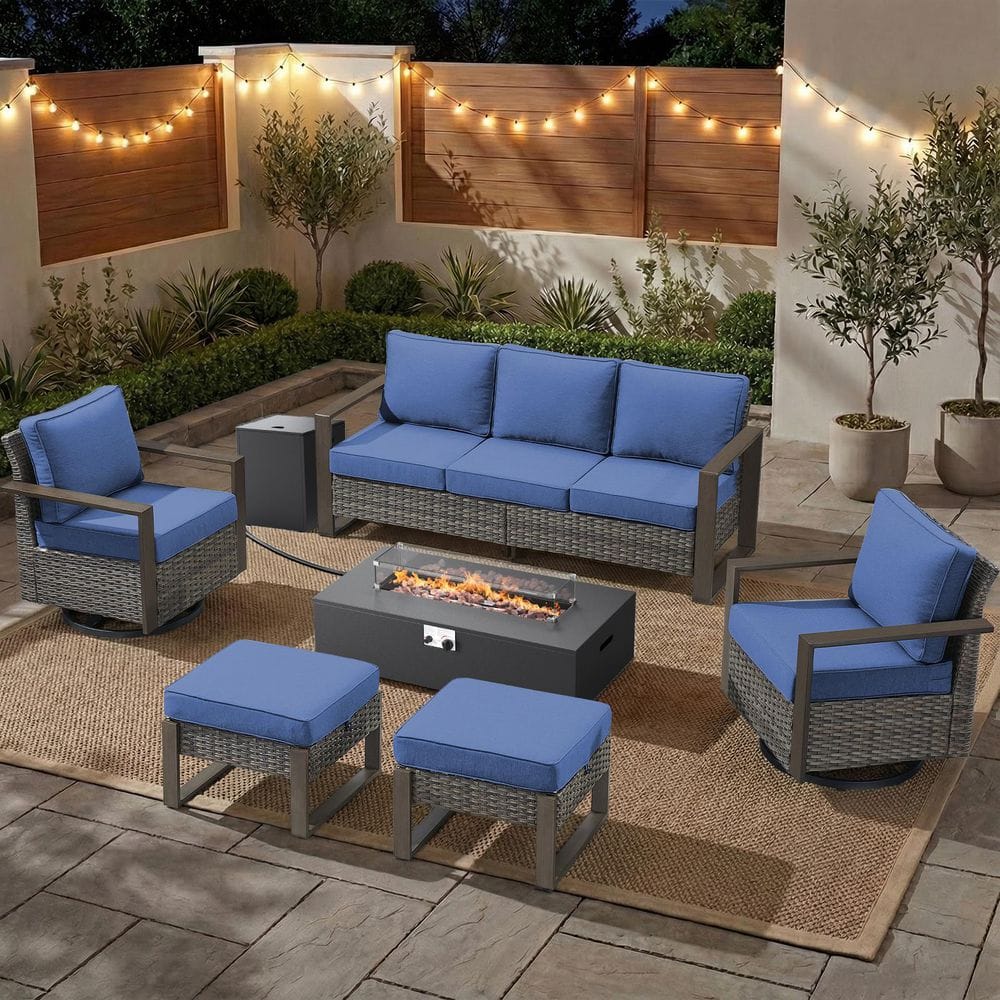 CubeEdge 7-Piece Gray Wicker Fire Pit Conversation Set with Olefin Blue Cushions and Couch/ Patio Swivel Chairs price history on PriceWatchPro