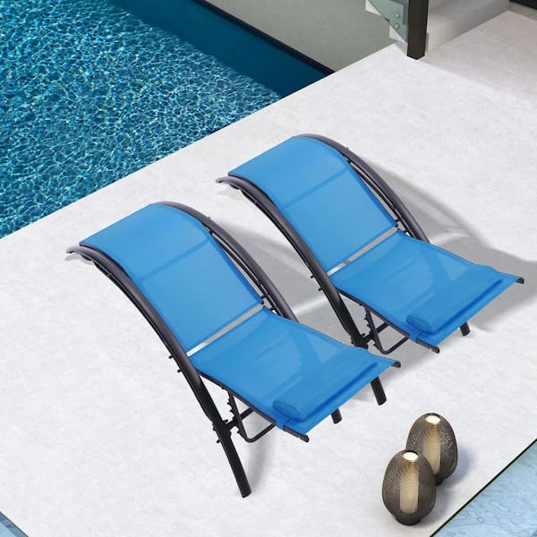 Unbranded 2-Pieces Blue Metal Outdoor Chaise Lounge, Lounger Recliner Chair for Patio Lawn Beach Pool Side Sunbathing