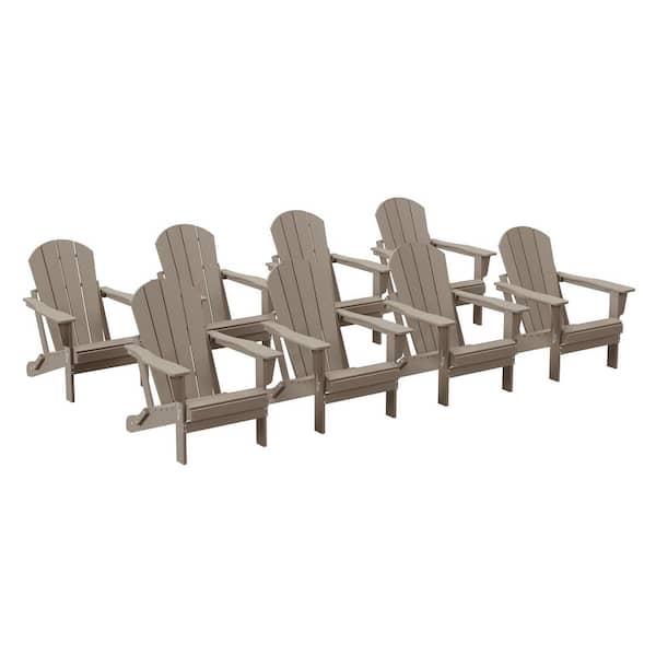Addison Weathered Wood 8-Piece Plastic Folding Outdoor Patio Fade Resistant Adirondack Conversation Chair Set