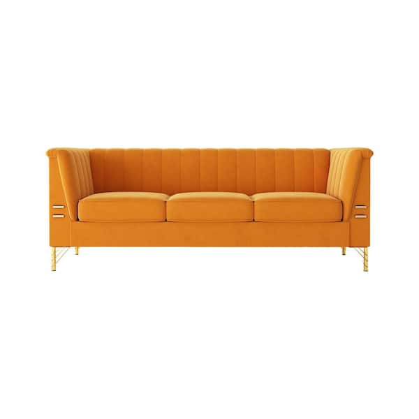 Unbranded 83.5 in. W Flared Arm Velvet Tufted Modern Rectangle Straight 3-Seat Sofa in Orange