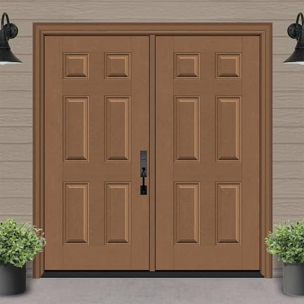 Regency 72 in. x 80 in. 6 Panel LHIS AutumnWheat Stain Mahogany Fiberglass Double Prehung Front Door with 4-9/16 Jamb