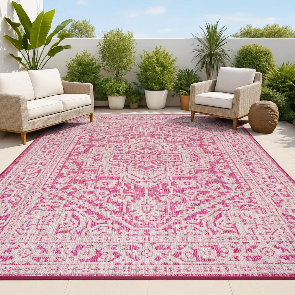 Sinjuri Medallion Textured Weave Fuchsia/Light Gray 9 ft. x 12 ft. Indoor/Outdoor Area Rug price history on PriceWatchPro