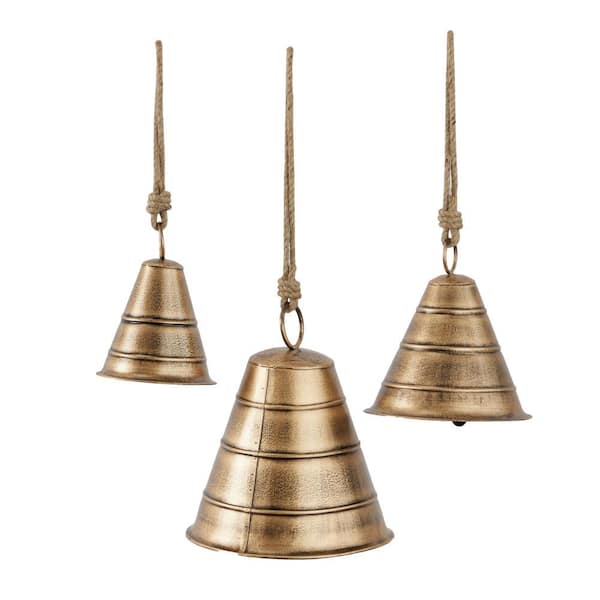 Litton Lane Gold Metal Tibetan Inspired Narrow Cone Decorative Cow Bell with Jute Hanging Rope (3- Pack)