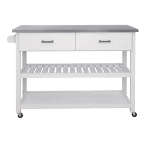 White Kitchen Island Stainless Steel Table Top With Two Drawers and Towel Rack