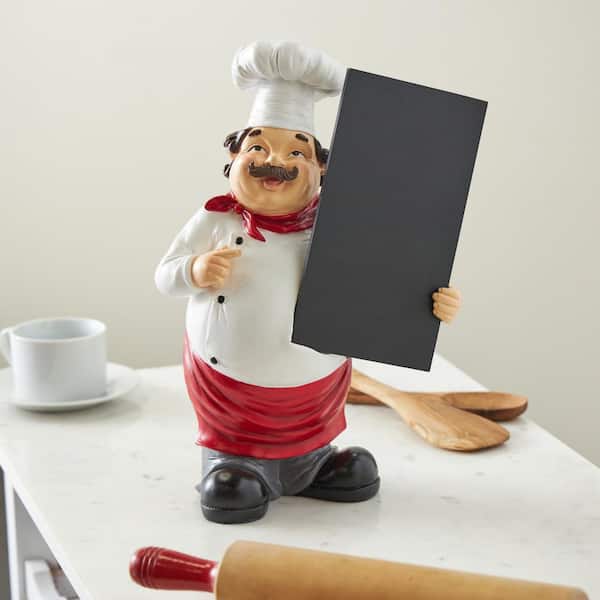 White 10 in. x 14 in. Polystone Kitchen Decorative Figurine Chef Sculpture with Chalkboard